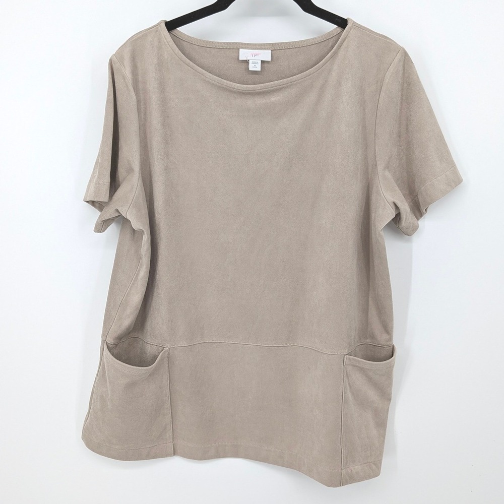 J Jill Faux Suede Top Womens Medium Petite Tan Pockets Short Sleeve Lagenlook
